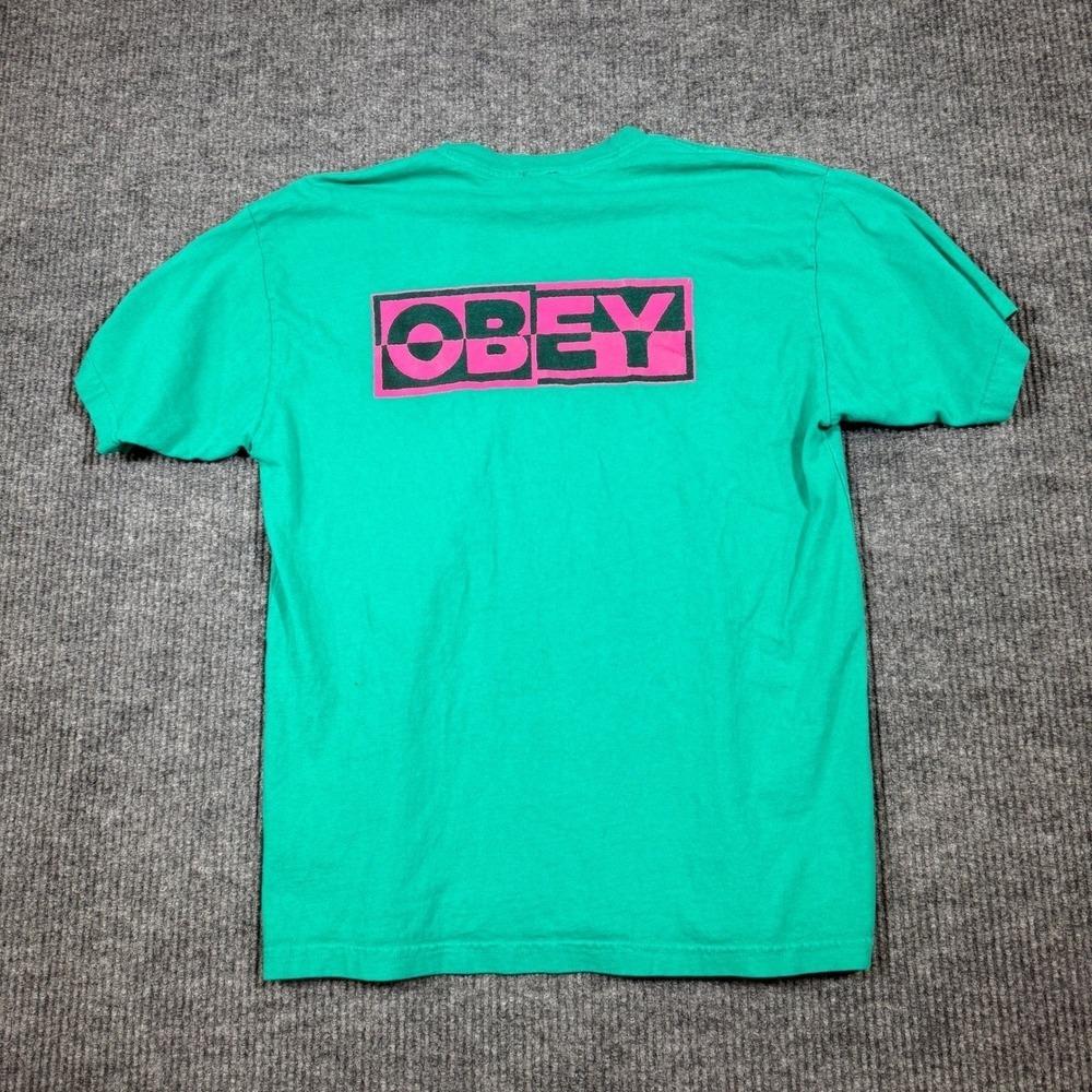 Obey Mens Graphic T-Shirt Green Pink Logo Short Sleeve Crew Neck Size M - Picture 7 of 8